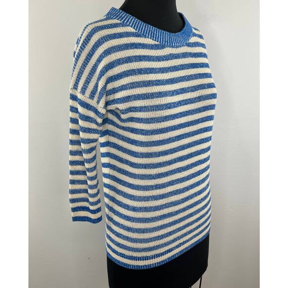 J.Crew Linen Blend Blue White Striped Ribbed Crew Neck 3/4 Sleeve Sweater Sz XS - Picture 2 of 6